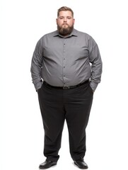 Confident plus-size man in formal attire. Studio shot. Ideal for body positivity campaigns and fashion marketing. Perfect for websites, magazines, and advertising.