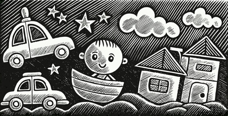 Child's Drawing: Boy in Boat, Cars, Houses, Stars © Ritaaym