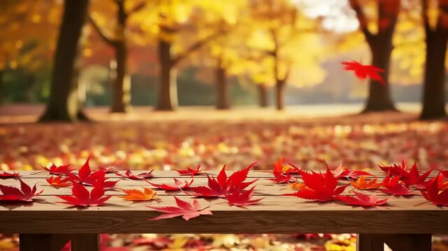 Autumn leaves fall on wood table.