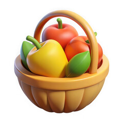 Stylized 3d basket filled with apples and bell peppers isolated on transparent background