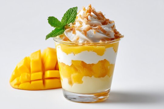 Coconut mango parfait cup garnished with mint on a white background showcasing vibrant layers of tropical flavors and textures