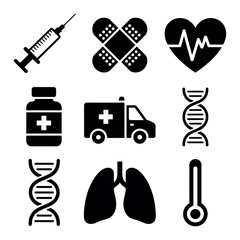 Medical Symbols Vector Set: Syringe, Bandage, Heartbeat, Medicine Bottle, Ambulance, DNA, Lungs, Thermometer - Modern Flat Design for Healthcare and Wellness