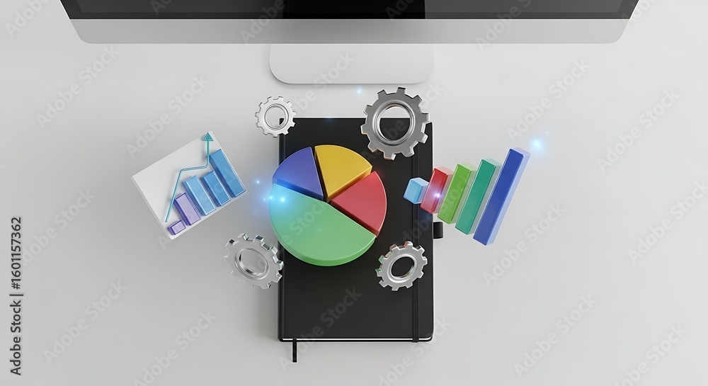 Poster overhead shot of a monitor with charts gears and a notebook on a white surface showing data analysis