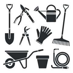 Gardening Tools Collection Vector Illustration Set Featuring Shovel, Pruning Shears, Watering Can, Rake, Gloves, Wheelbarrow, Flower Pot, and Hose for Garden Maintenance and Landscaping
