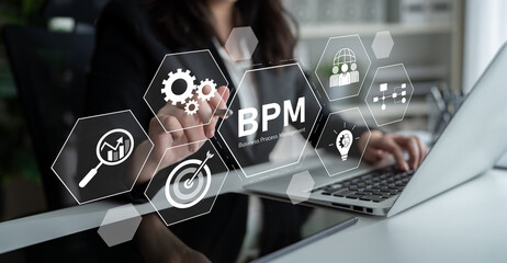 Business Process Management concept showing workflow analysis, process optimization, team...
