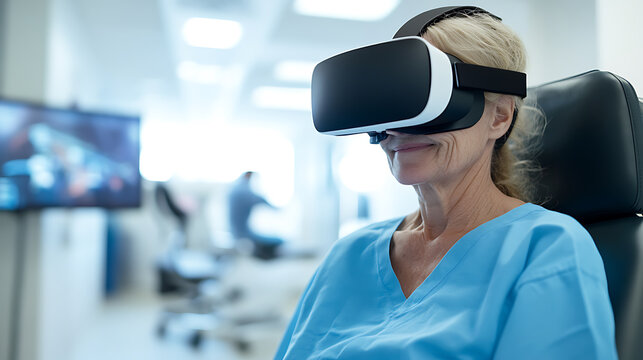 Woman in virtual reality headset, exploring simulated environments for healthcare or entertainment. Modern tech assists patient experience and creates immersive exploration. - Powered by Adobe