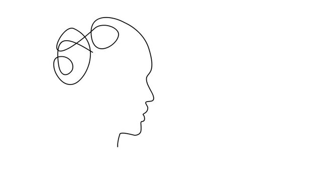 Animated self drawing of continuous line draw confusion in the head and question mark. Problems stress illness and depression concept. Full length one line animation. 4K	