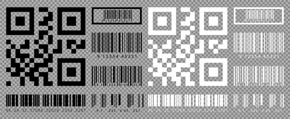 Set of Black and White QR Codes and Barcodes on Transparent Background