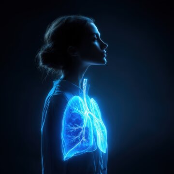 Mysterious woman, glowing lungs.  Abstract medical, healthcare, or science concept. Ideal for websites, presentations, and publications.