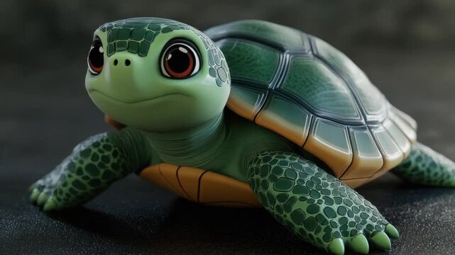 3D turtle with green shell and big eyes, sitting on a dark surface