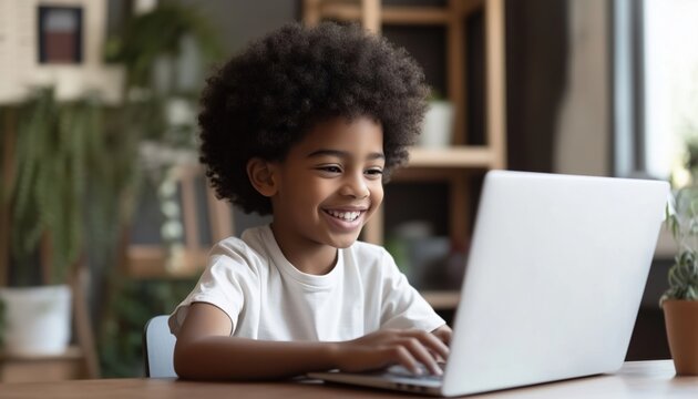 African American Child Schoolboy Engaged In Distance Learning, Smiling And Studying On Laptop At Home With Teacher Through Video Call.
