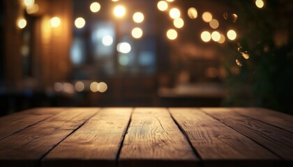Close-Up Of A Wooden Table With Warm Cafe Lights In A Cozy And Inviting Ambiance: Soft And Welcoming Glow.