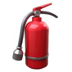 Bright red fire extinguisher with silver hose and handle isolated on white background