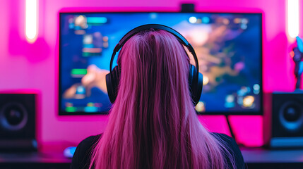 Fototapeta premium Gamer with pink hair immersed in an online world, wearing a headset, bathed in neon light, and focused on the game displayed on a large monitor.