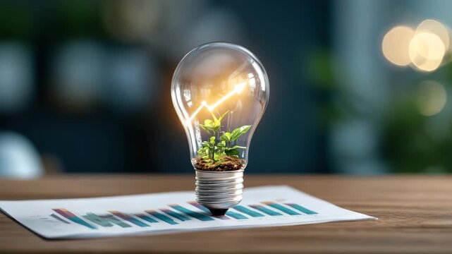 Lightbulb plant soil growth innovation sustainability energy chart business eco friendly concept with small green plant growing inside glowing