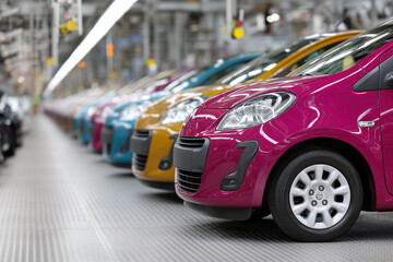 Fototapeta premium A row of new colorful cars sit in a factory production line. A promotional shot showcasing vibrant automobiles.. Modern manufacturing, automotive industry, mass production.