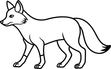 A simple line drawing of a fox standing alert with its tail held high