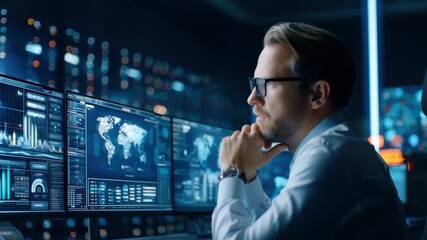 Businessman data analysis and technology expert modern office night, focused digital computer screens and global data visualization for professional - Powered by Adobe