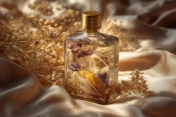 Elegant perfume bottle with dried flowers. Luxury, botanical, beauty concept. Ideal for perfume ads, beauty blogs, and spa branding.