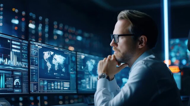 Businessman data analysis and technology expert modern office night, focused digital computer screens and global data visualization for professional - Powered by Adobe