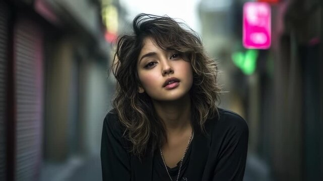 Young woman expresses emotions in urban alleyway at dusk
