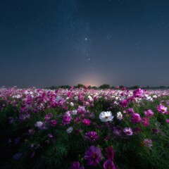Naklejka premium Magical cosmos flower field under a starry night sky. Perfect for dreamy, romantic designs, websites, and print.