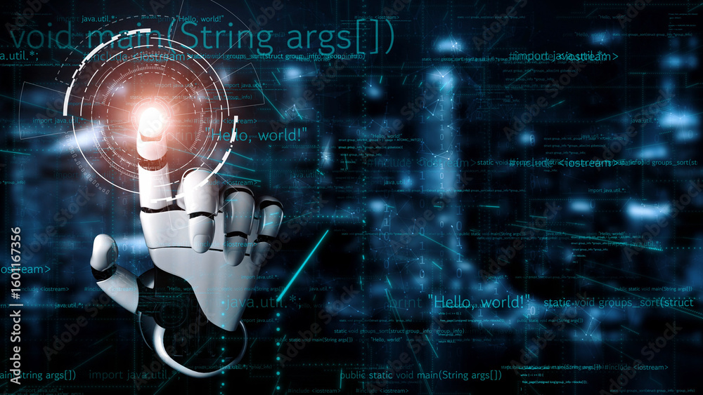 Poster a robotic hand reaches out to a glowing digital interface filled with programming code, illustrating