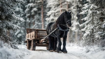 Black draft horse pulling a wooden cart through a snow-covered forest