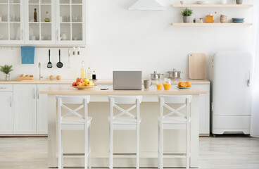 Healthy lifestyle, food and drink, breakfast, freelance and work from home. Fruits on plates,...