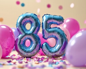 Celebrating 85th Birthday with Festive Balloons and Colorful Confetti