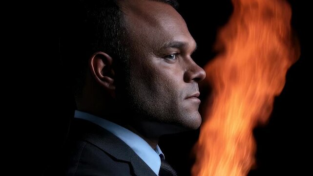 Man in profile observing vibrant flowing flame against black background