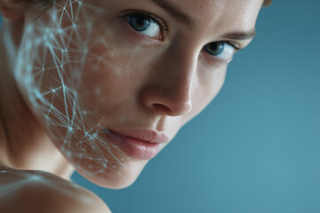 Woman with face scan and blue eyes in studio. A close-up shot highlighting technology and beauty. Future technology, advanced diagnostics, skincare solution.