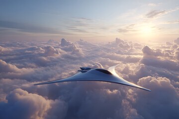 Experience the future of travel with this sleek, futuristic aircraft soaring above the clouds at sunset for a stunning aerial perspective
