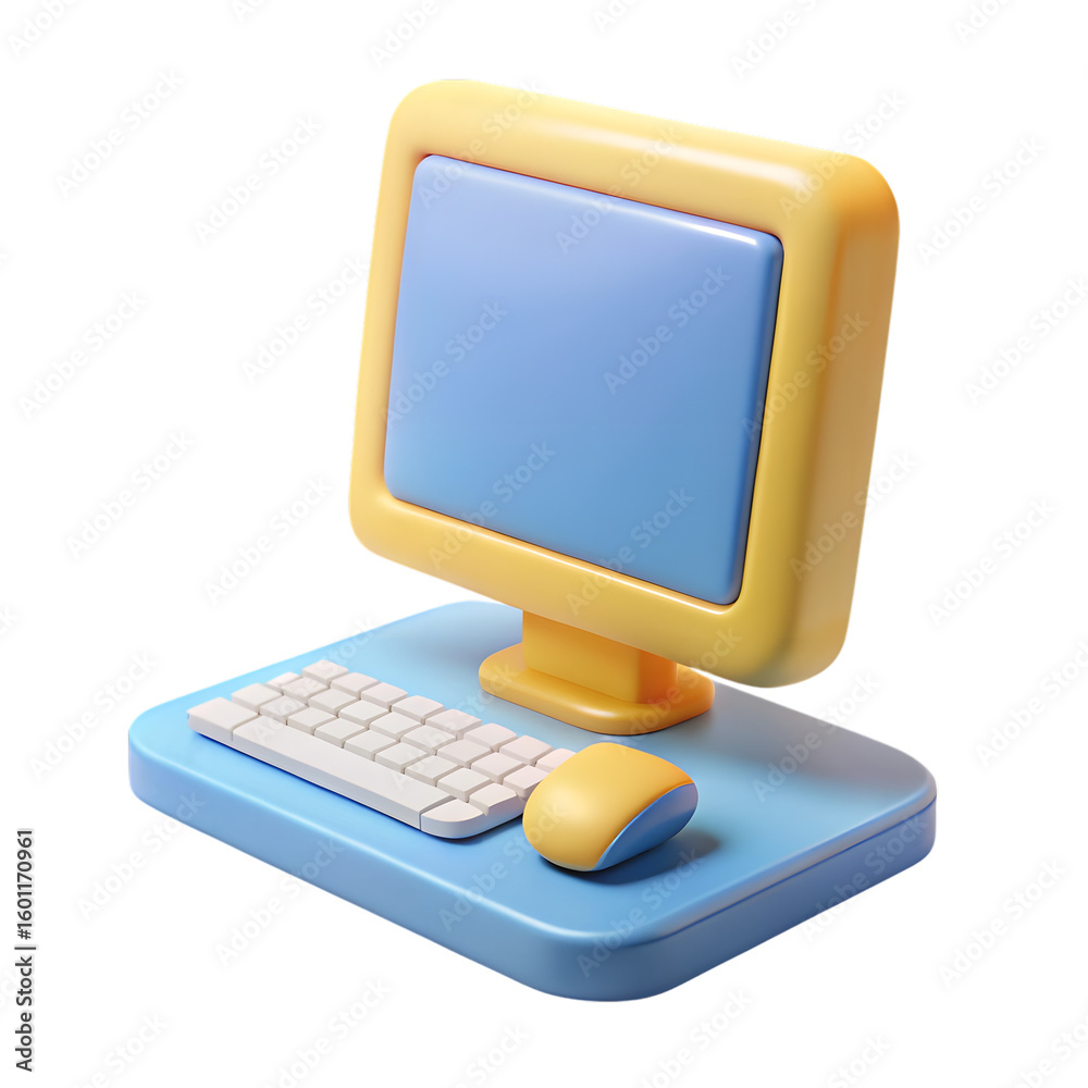 Fototapete a yellow and blue cartoon computer with keyboard and mouse is isolated on transparent background