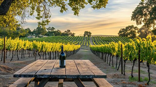 Vineyard view with a bottle on a picnic table against rows of grapevines, a sunset sky, and trees