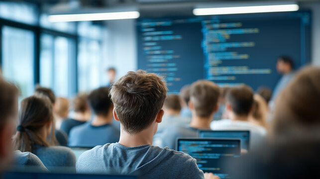 Diverse Students Learning Code in a Modern Tech Classroom. Education and technology for coding bootcamps, IT training, or computer science programs
