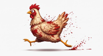 Cartoon chicken running frantically with splatter effect creating a sense of urgency and humor
