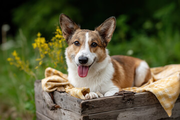Obraz premium A brown and white corgi rests in a wooden box with yellow cloth. A charming, cheerful portrait of domestic animal. Animal lover, canine companionship, adorable pet.
