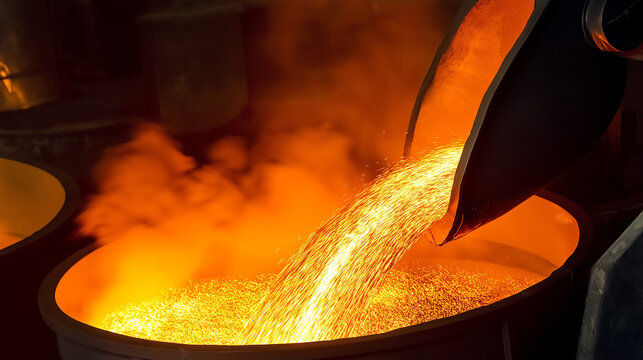 Dramatic scene of glowing molten metal being poured in a foundry. Intense industrial process for metallurgy, manufacturing, or heat energy themes. - Powered by Adobe