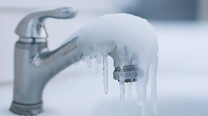 A faucet is frozen over with ice and icicles after extremely cold weather. Frozen pipes are an issue in colder climates in the winter time.