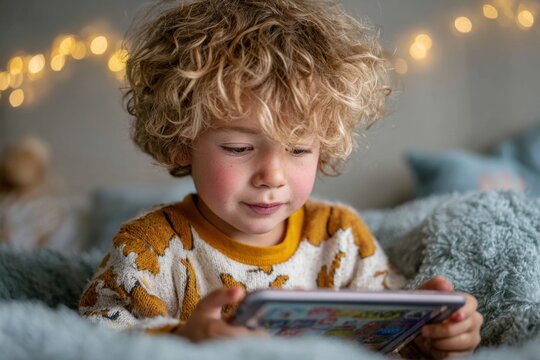Kleiner Junge spielt konzentriert mit Tablet im gem&uuml;tlichen Kinderzimmer