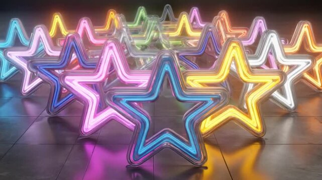 Illuminated star pattern features several rows of neon stars on a dark tiled surface