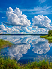 Serene lake with reflective clouds and lush greenery under a vibrant blue sky