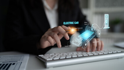 Structure of electric car showing battery system, traction motor, control units, and charging...
