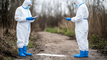 Specialists in protective suits investigating possible crime scene. Path with vegetation and paper documents in focus. Cold weather and cloudy sky in background.