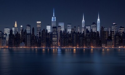 Obraz premium Majestic Manhattan: A Nighttime Skyline View of New York City Reflected on the Hudson
