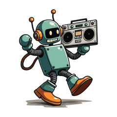 Vintage Robot Listening to Music on Shoulder Boombox