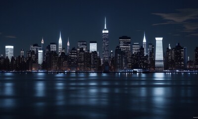 Fototapeta premium Majestic Manhattan: A Nighttime Skyline View of New York City Reflected on the Hudson