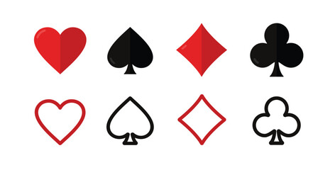 Isolated playing card symbols on a white background in flat and monoline styles: Ace, diamond, spade, heart, club. Poker playing concept. Playing card icon set, Gambling, Poker symbols.