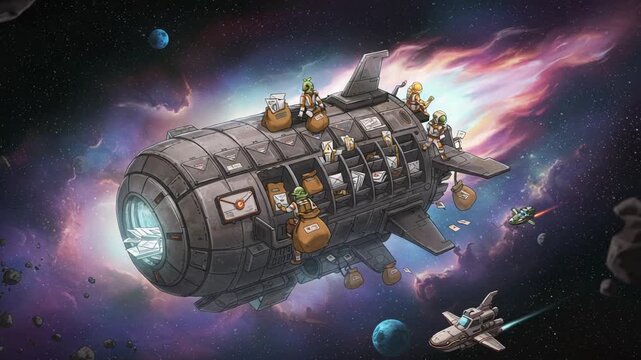 Intergalactic mail service delivering across the galaxy with spaceships and aliens cartoon style